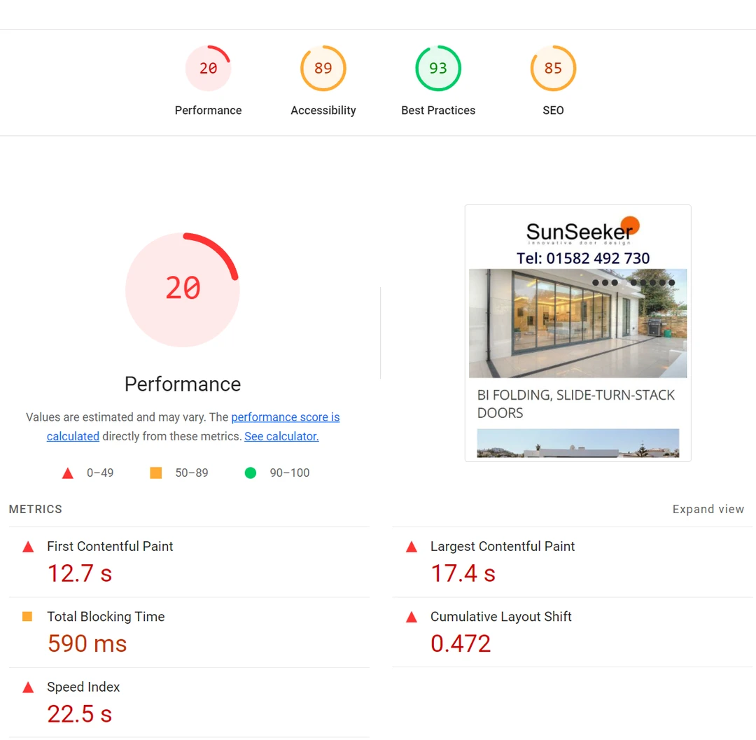 SunSeeker Doors old website Lighthouse score