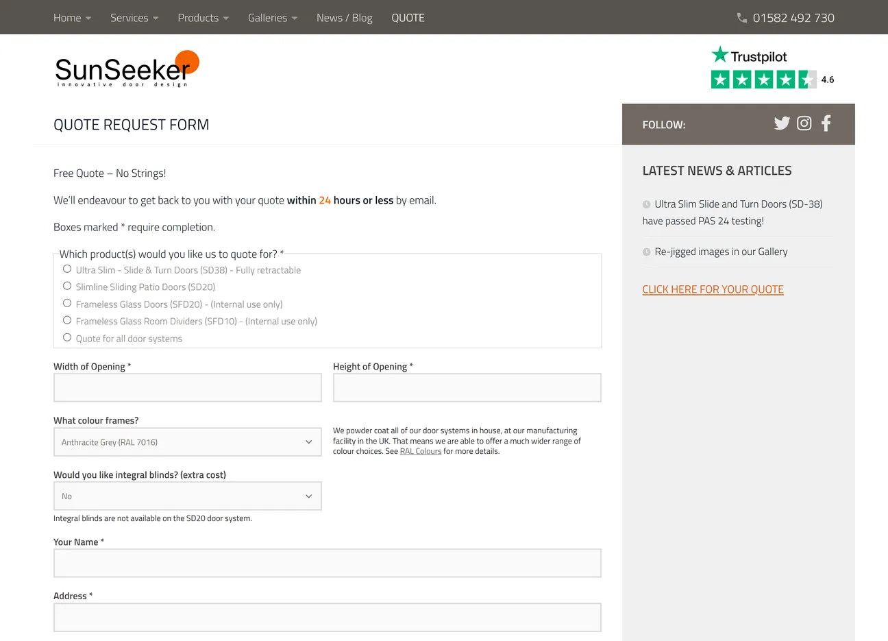 SunSeeker Doors quote request form design