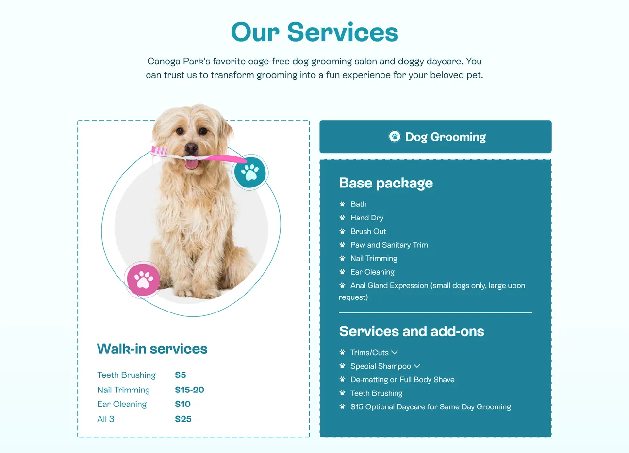 Tali Tails dog grooming services section