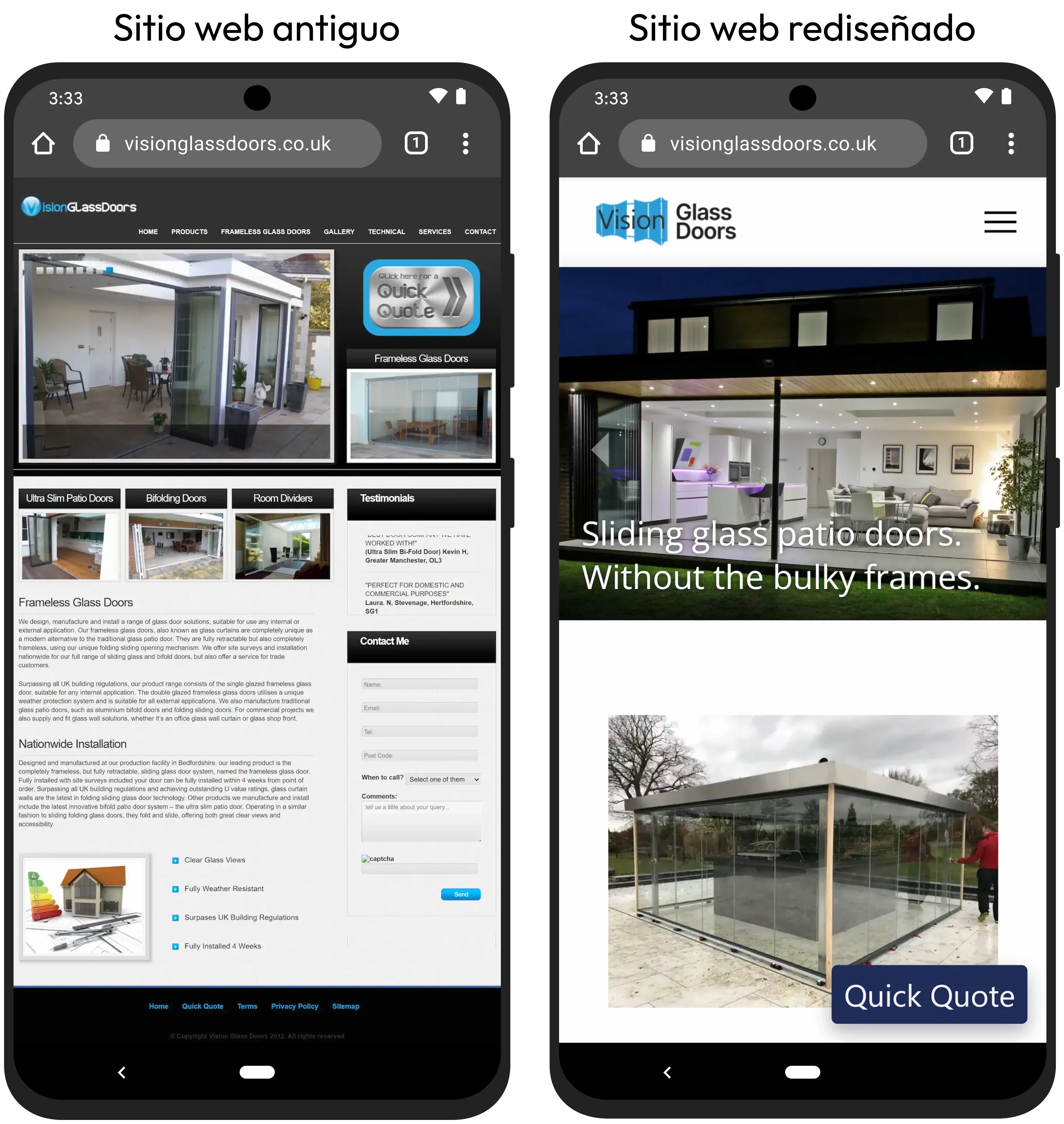 Capturas de pantalla del antes y después del rediseño del sitio web de Vision Glass Doors en un teléfono