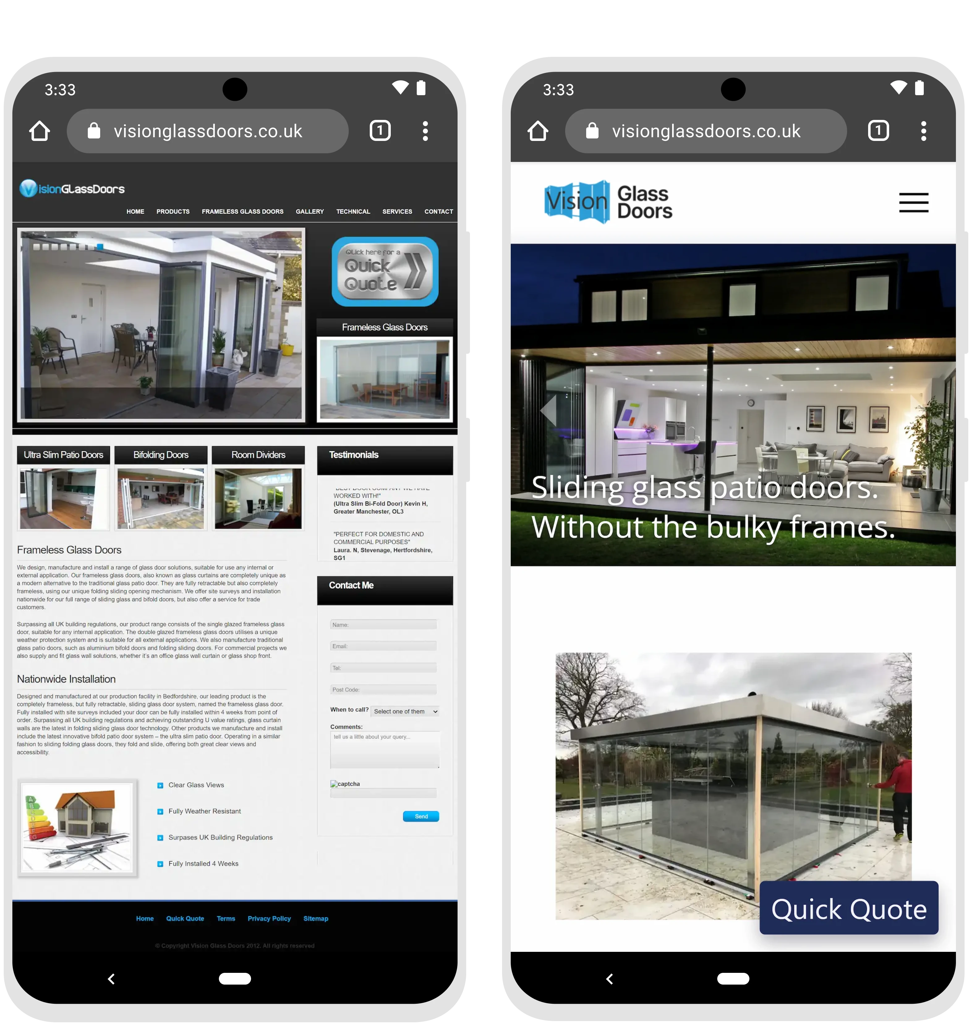 Before and after screenshots of Vision Glass Doors website redesign on a phone