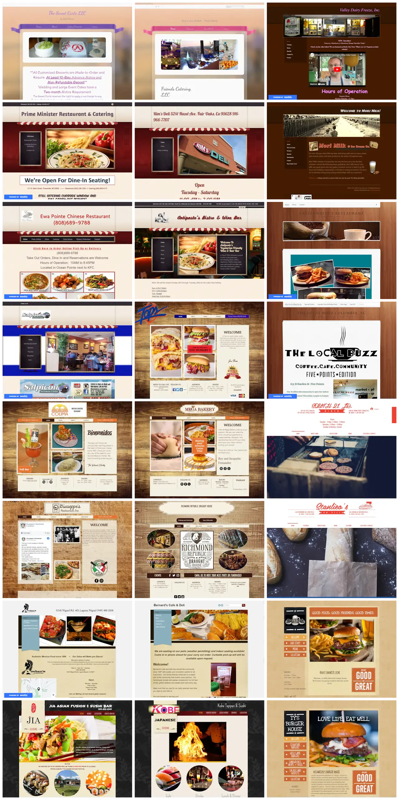 Collage of screenshots of restaurant websites created using DIY website builder services. Many of them have the same templates and look very similar.