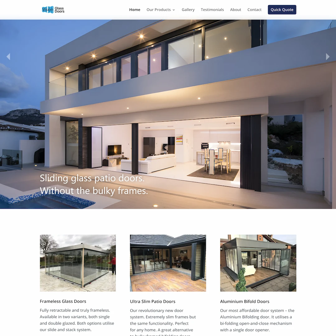 Screenshot of home page of Vision Glass Doors website