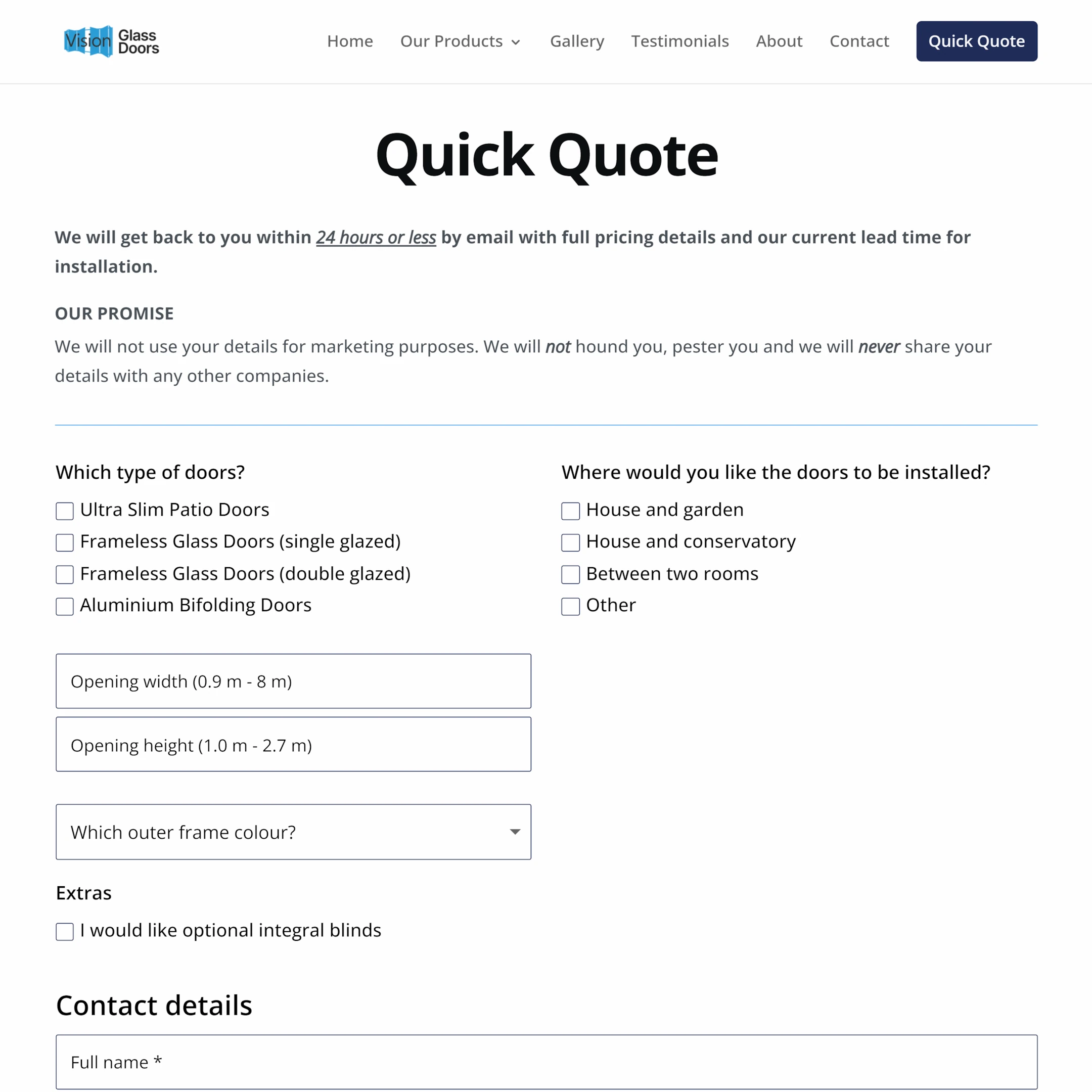Screenshot of quick quote page of Vision Glass Doors website
